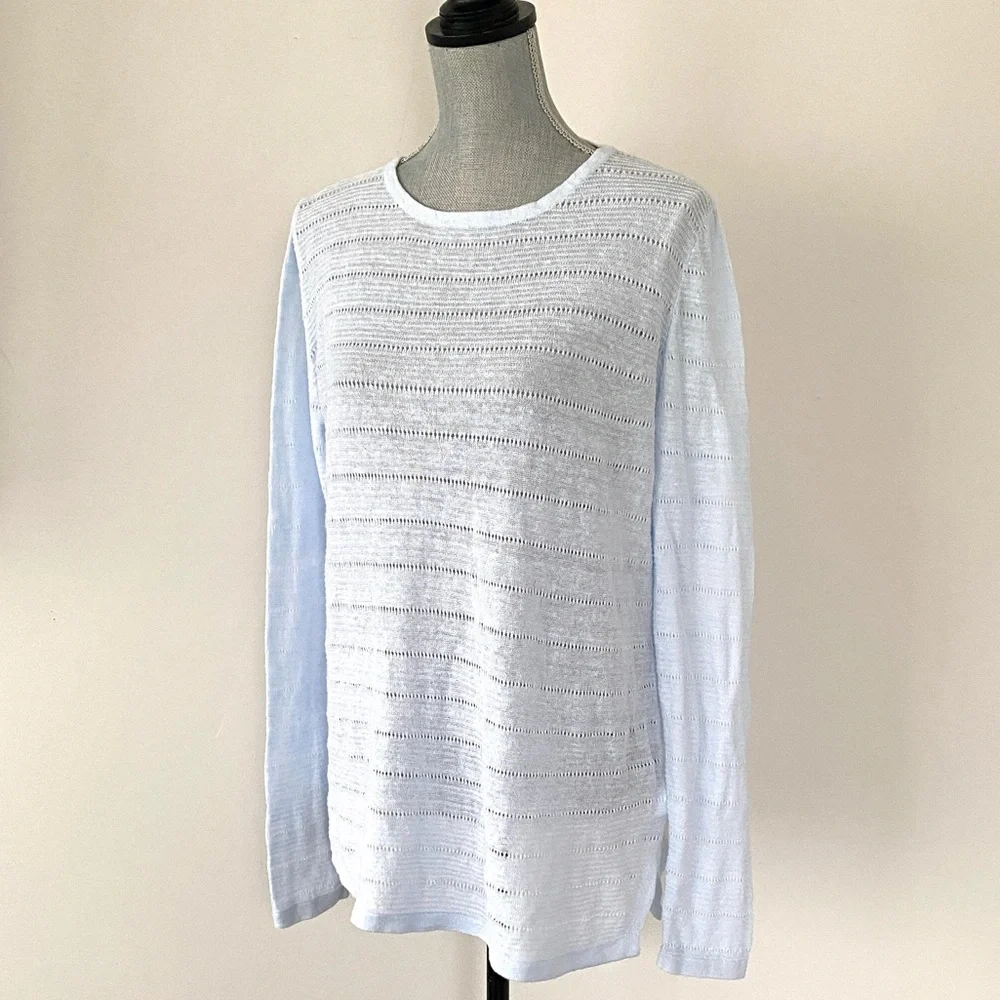 Cynthia Rowley Light Blue Linen Knit Long Sleeve Sweater Sz L Coastal Chic Prepp - Picture 1 of 7